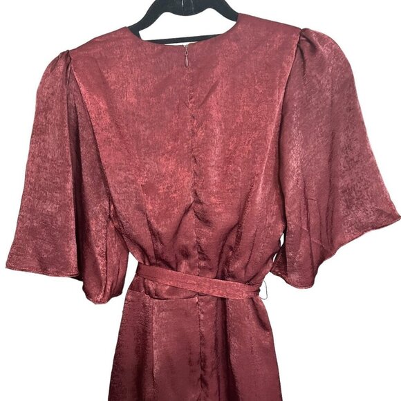 Lulus‎ Dress Wrapped in Love Burgundy Satin Faux Wrap Angel Sleeves & Belt XS - Picture 6 of 9